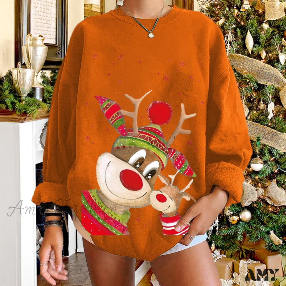 Amy Fashion - Christmas Women Elk Print Sweaters Orange / S