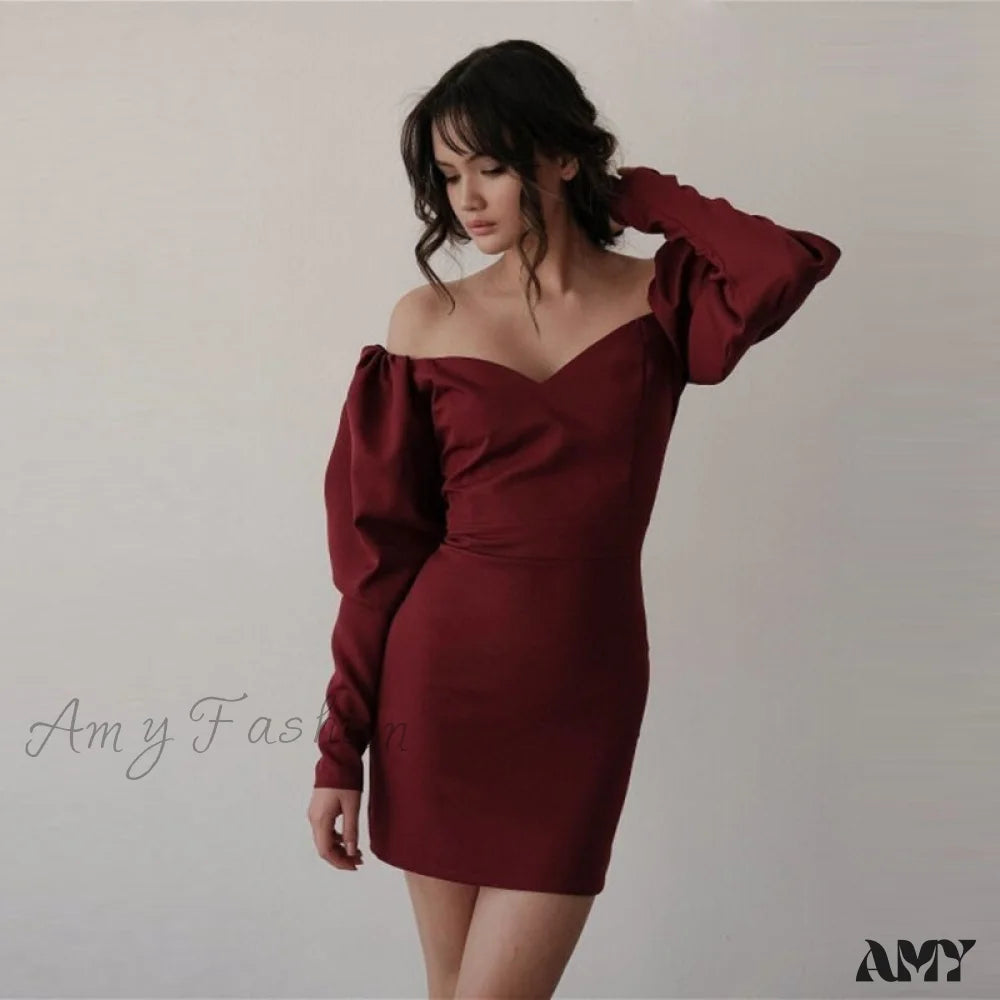 Amy Fashion - Churses Sexy Puff Sleeve Off The Shoulder Bodycon Dress