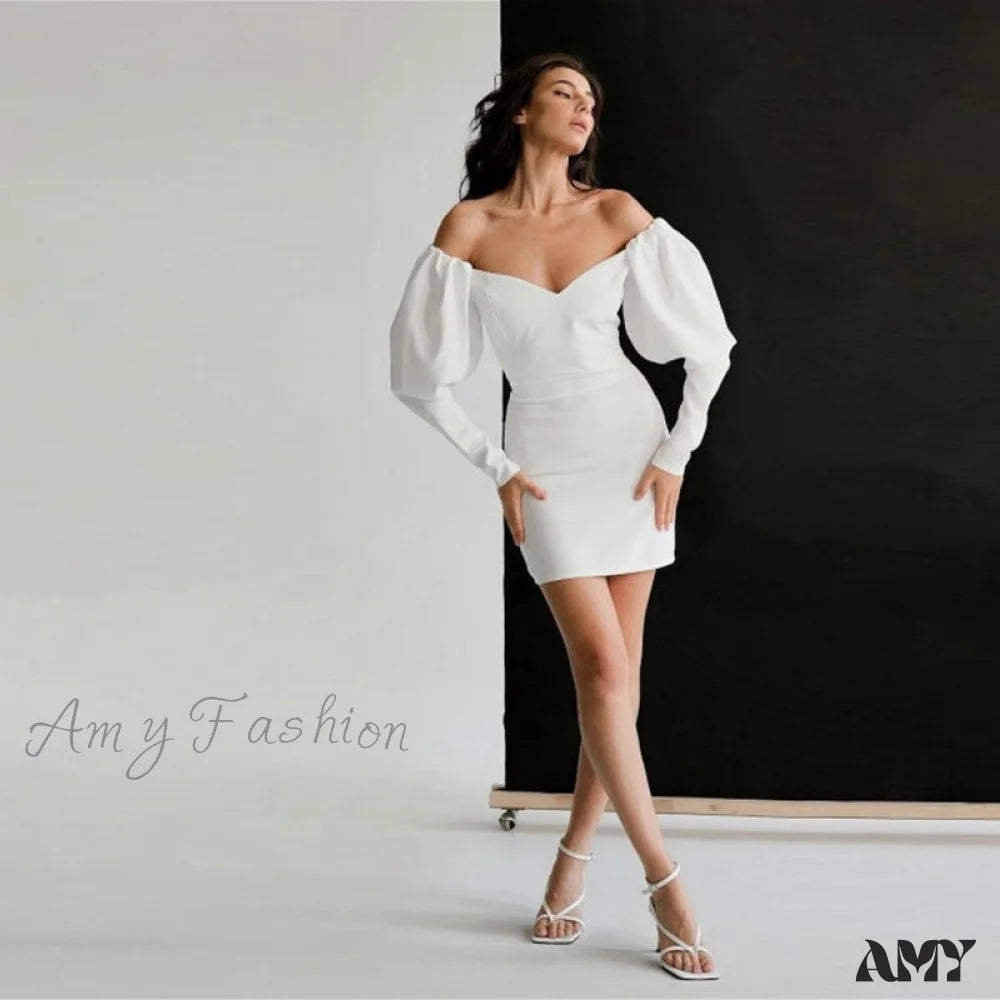 Amy Fashion - Churses Sexy Puff Sleeve Off The Shoulder Bodycon Dress