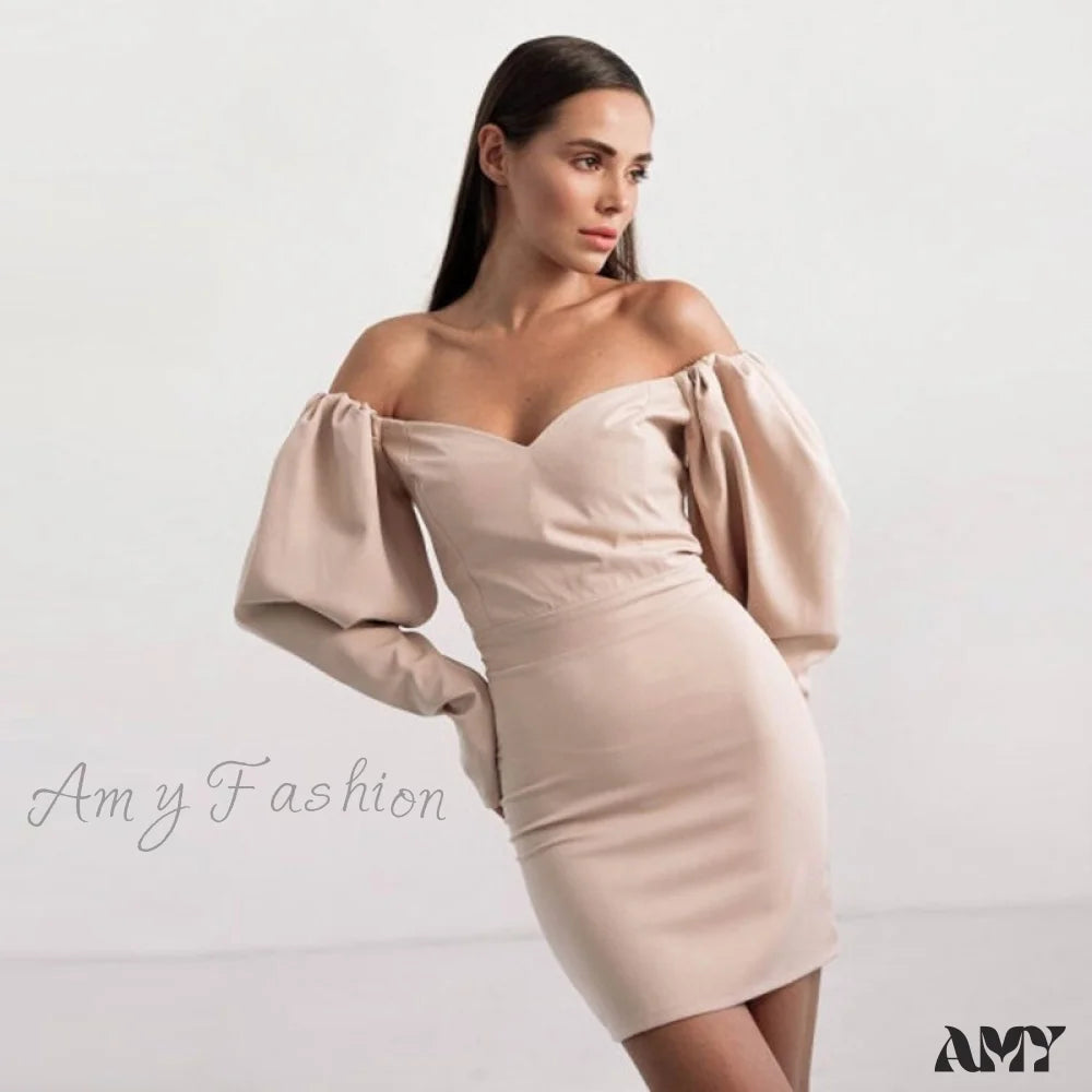 Amy Fashion - Churses Sexy Puff Sleeve Off The Shoulder Bodycon Dress