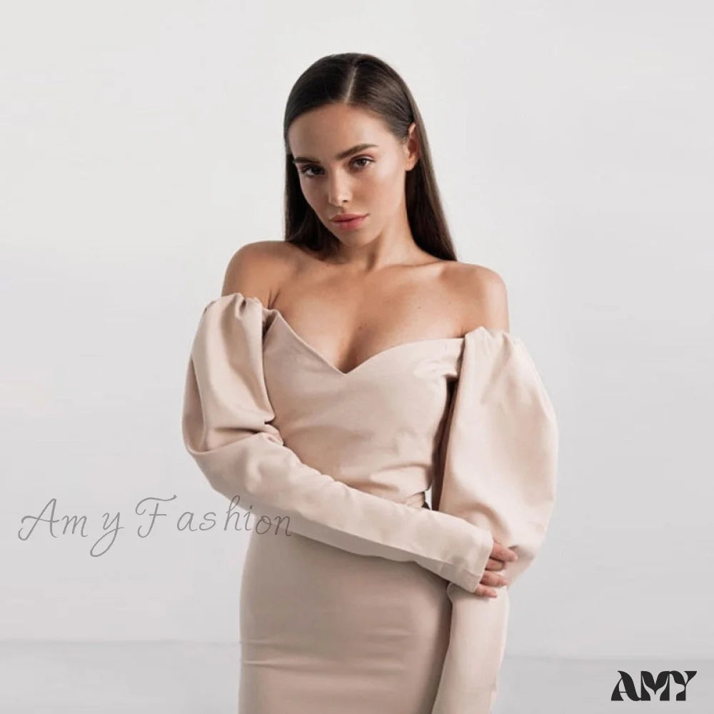 Amy Fashion - Churses Sexy Puff Sleeve Off The Shoulder Bodycon Dress