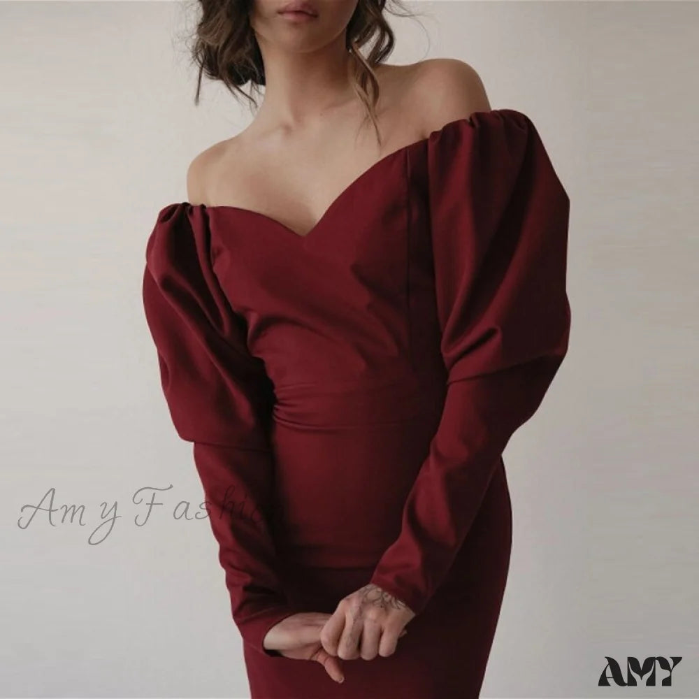 Amy Fashion - Churses Sexy Puff Sleeve Off The Shoulder Bodycon Dress As The Picture / S