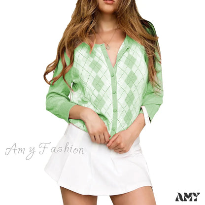 Amy Fashion - Classic Plaid Red Green Knitwear Cardigan / S