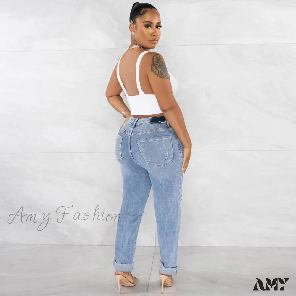 Amy Fashion - Classic Stretch Ripped Streetwear Denim Jean