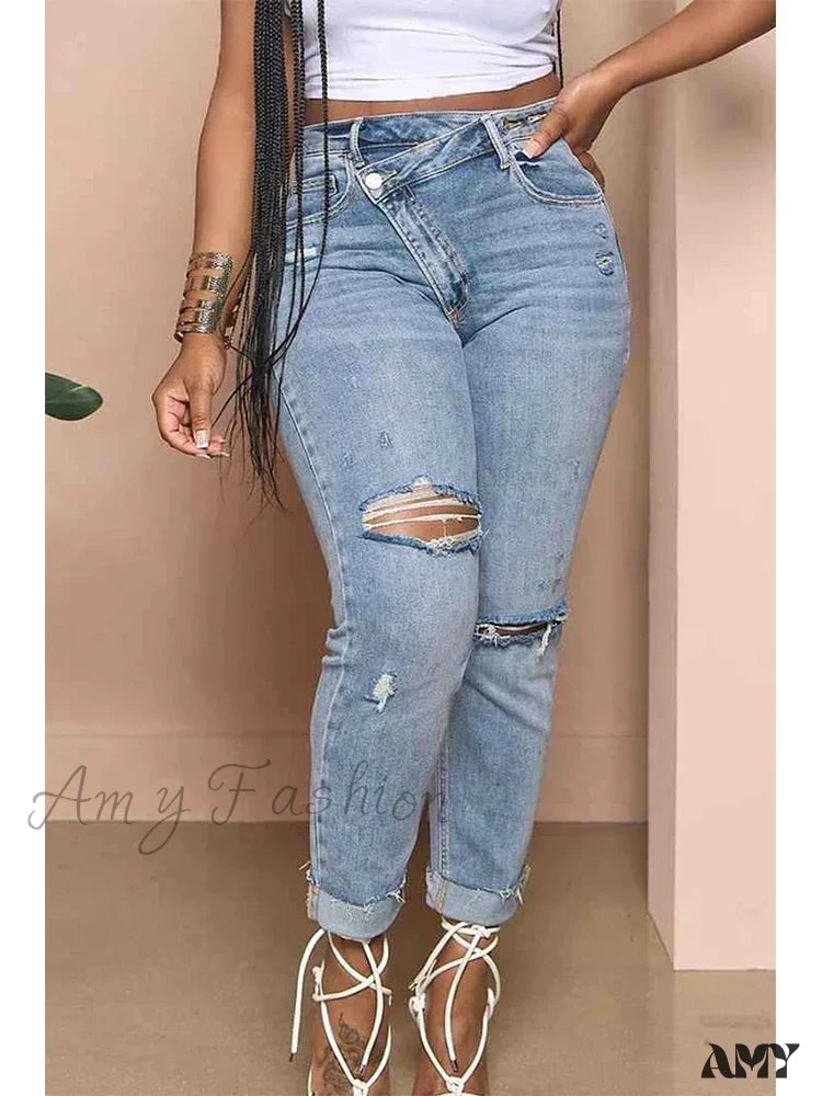 Amy Fashion - Classic Stretch Ripped Streetwear Denim Jean