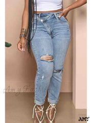 Amy Fashion - Classic Stretch Ripped Streetwear Denim Jean