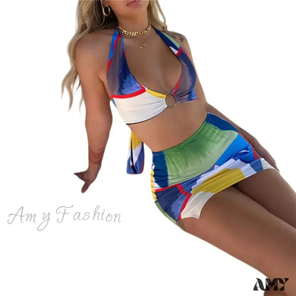 Amy Fashion - Colorful Geomatic Print Sexy Deep V Neck Halter Mini Dress 2Pcs Suit / S