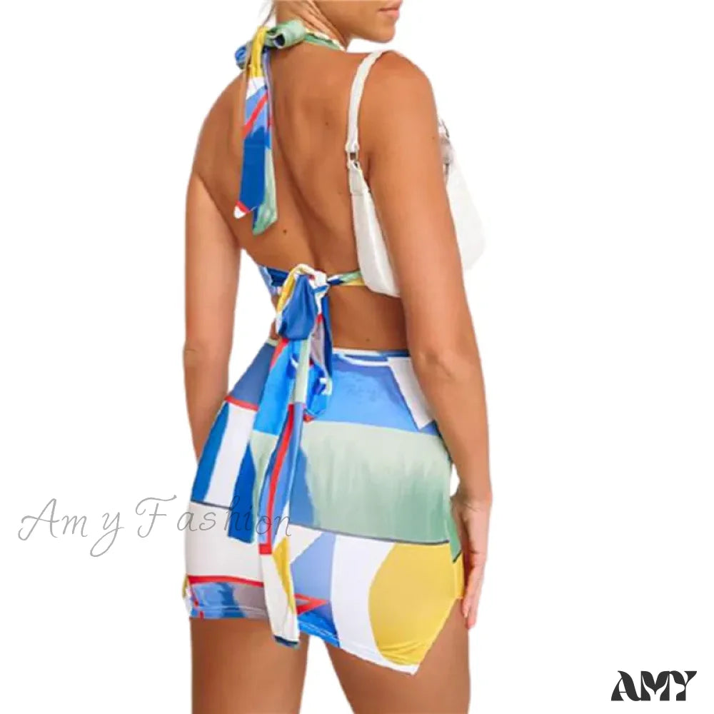 Amy Fashion - Colorful Geomatic Print Sexy Deep V Neck Halter Mini Dress