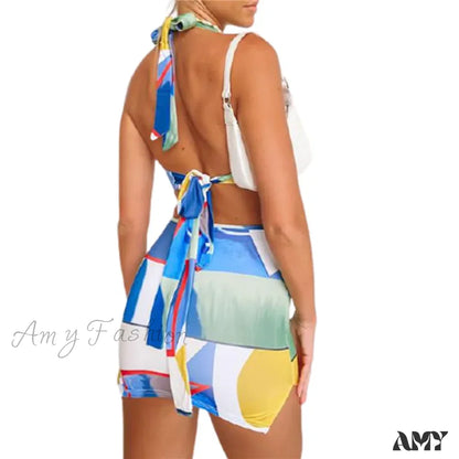 Amy Fashion - Colorful Geomatic Print Sexy Deep V Neck Halter Mini Dress