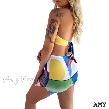 Amy Fashion - Colorful Geomatic Print Sexy Deep V Neck Halter Mini Dress