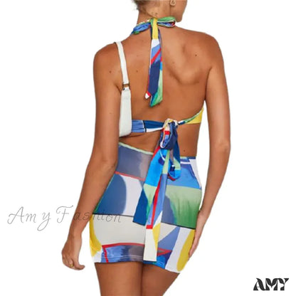 Amy Fashion - Colorful Geomatic Print Sexy Deep V Neck Halter Mini Dress