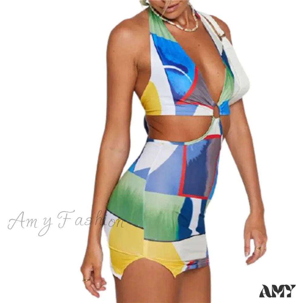 Amy Fashion - Colorful Geomatic Print Sexy Deep V Neck Halter Mini Dress