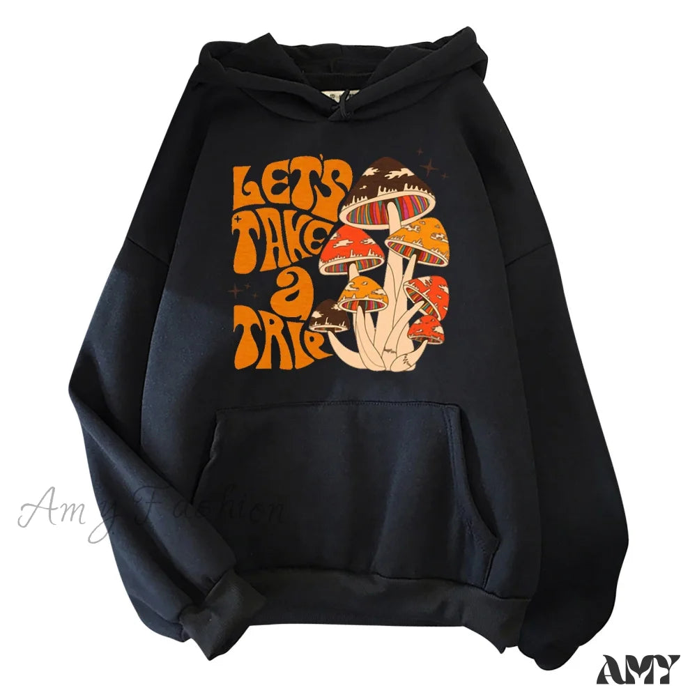 Amy Fashion - Colorfulful Mushroom Print Hoody Pullover Black / S