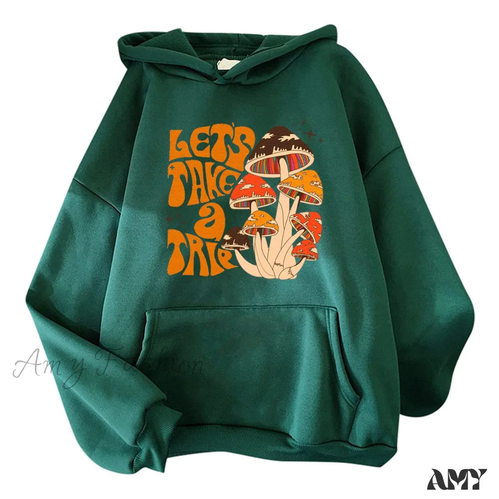 Amy Fashion - Colorfulful Mushroom Print Hoody Pullover Green / S