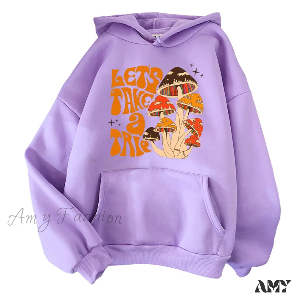 Amy Fashion - Colorfulful Mushroom Print Hoody Pullover Purple / S