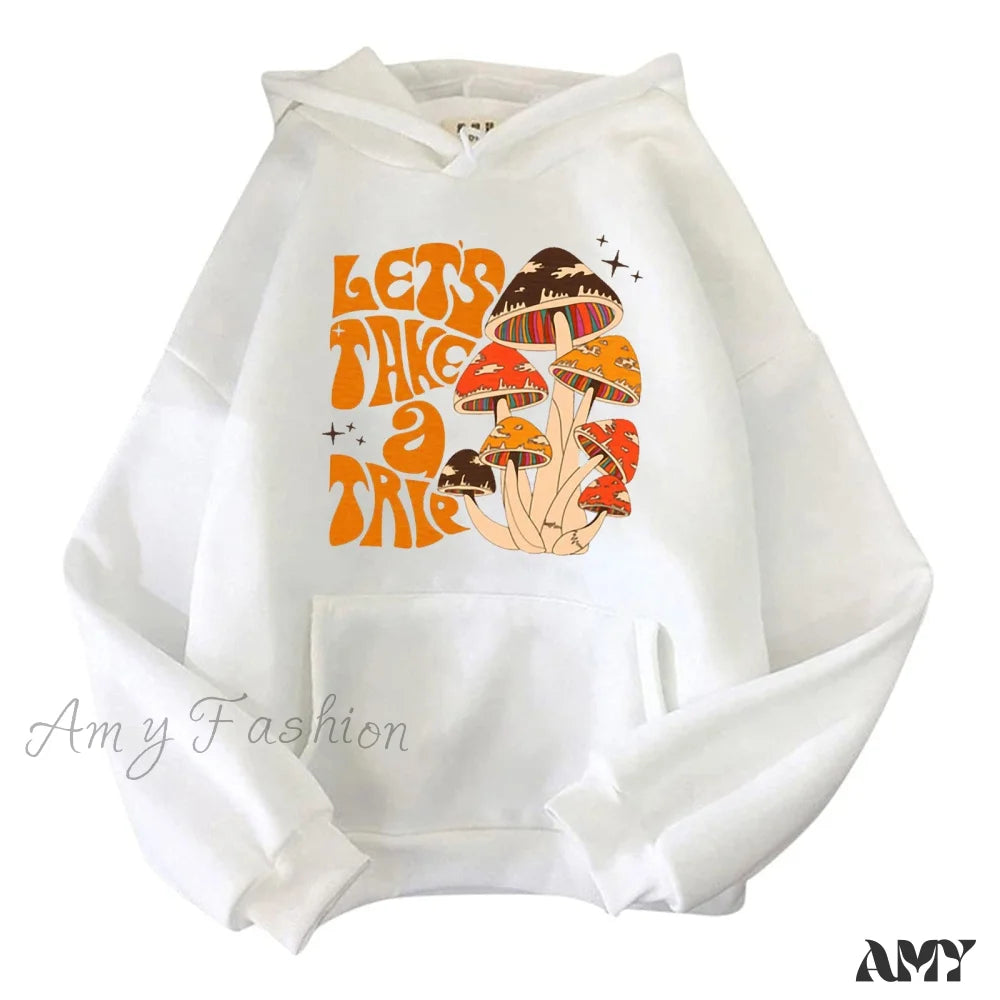 Amy Fashion - Colorfulful Mushroom Print Hoody Pullover White / S