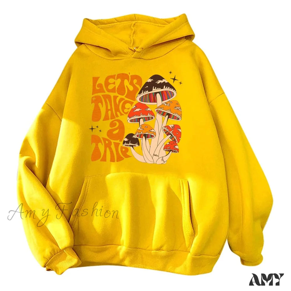 Amy Fashion - Colorfulful Mushroom Print Hoody Pullover Yellow / S