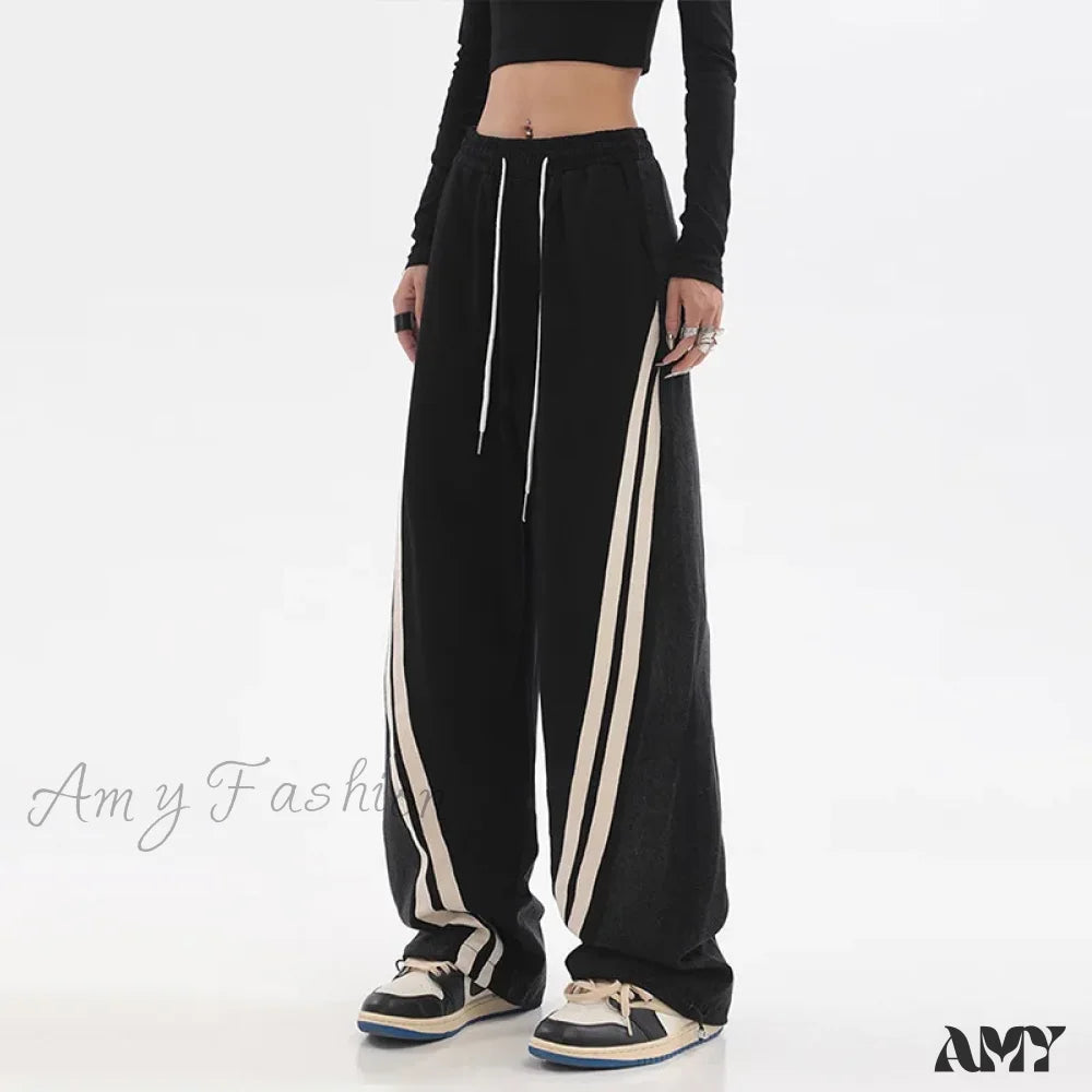 Amy Fashion - Contrast Color Women High Waist Straight Cropped Street Drawstring Tie Up Sweatpants