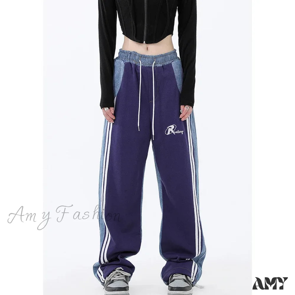 Amy Fashion - Contrast Color Women High Waist Straight Cropped Street Drawstring Tie Up Sweatpants