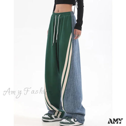 Amy Fashion - Contrast Color Women High Waist Straight Cropped Street Drawstring Tie Up Sweatpants