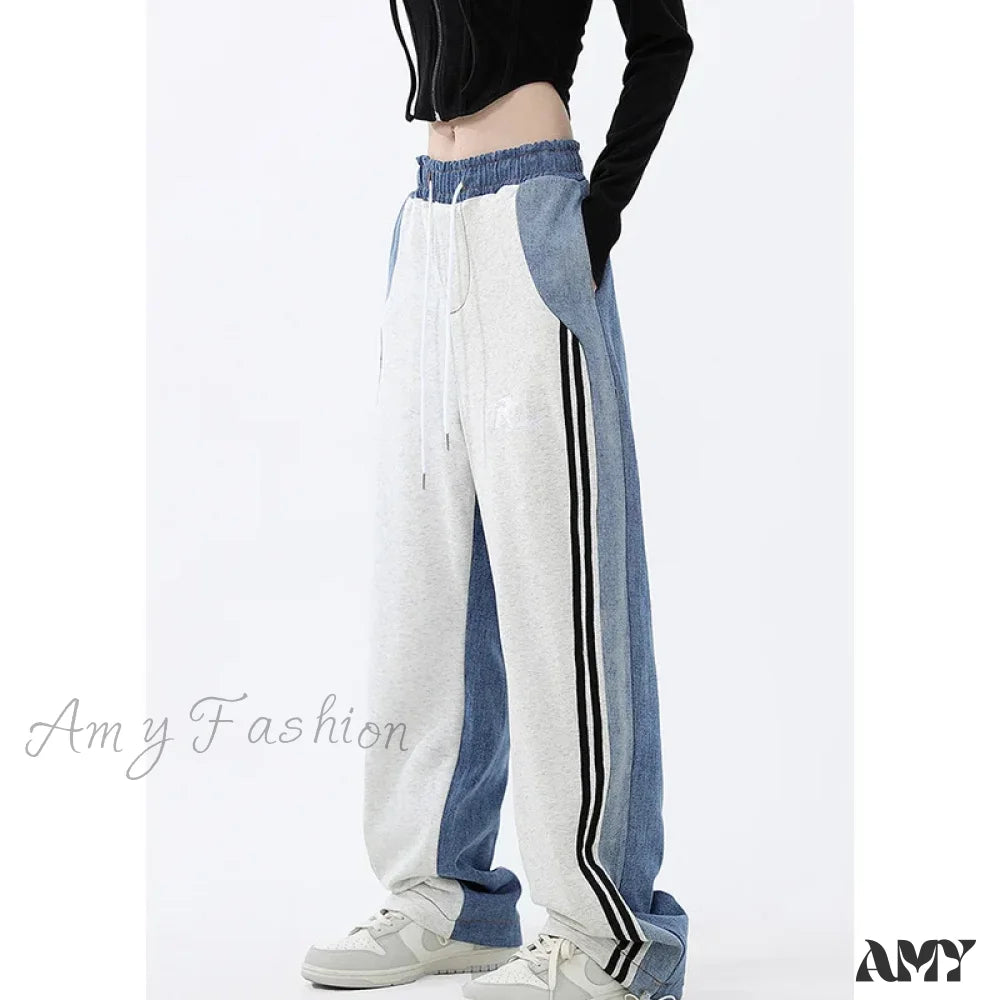 Amy Fashion - Contrast Color Women High Waist Straight Cropped Street Drawstring Tie Up Sweatpants