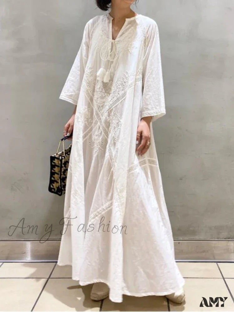 Amy Fashion - Cotton Linen Beach White V Neck Embroidered Boho Dress