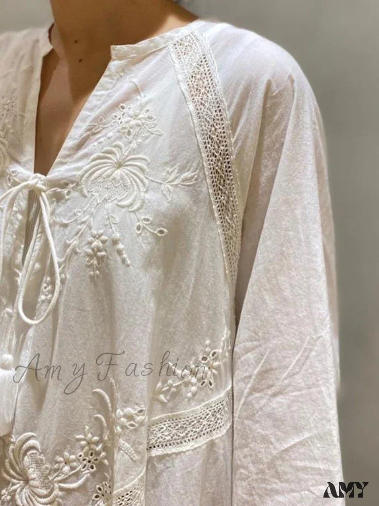 Amy Fashion - Cotton Linen Beach White V Neck Embroidered Boho Dress