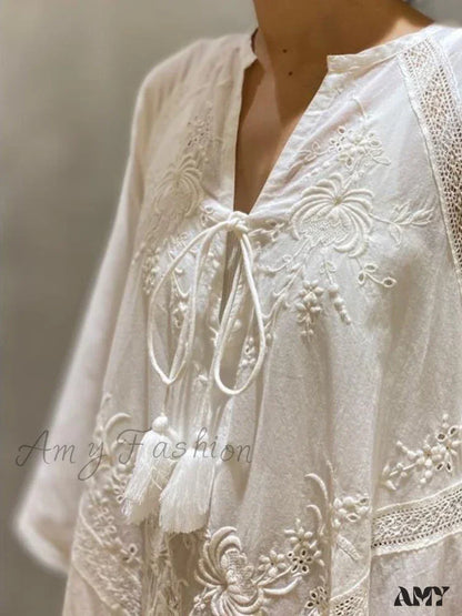 Amy Fashion - Cotton Linen Beach White V Neck Embroidered Boho Dress