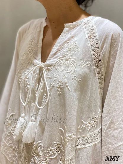 Amy Fashion - Cotton Linen Beach White V Neck Embroidered Boho Dress