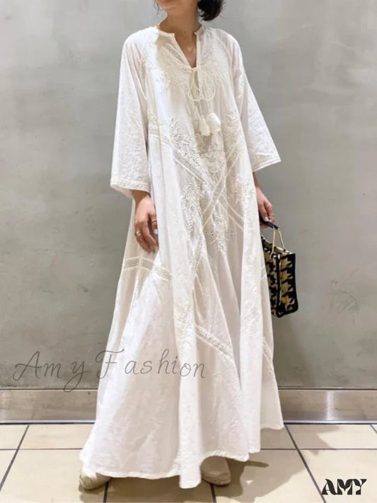 Amy Fashion - Cotton Linen Beach White V Neck Embroidered Boho Dress