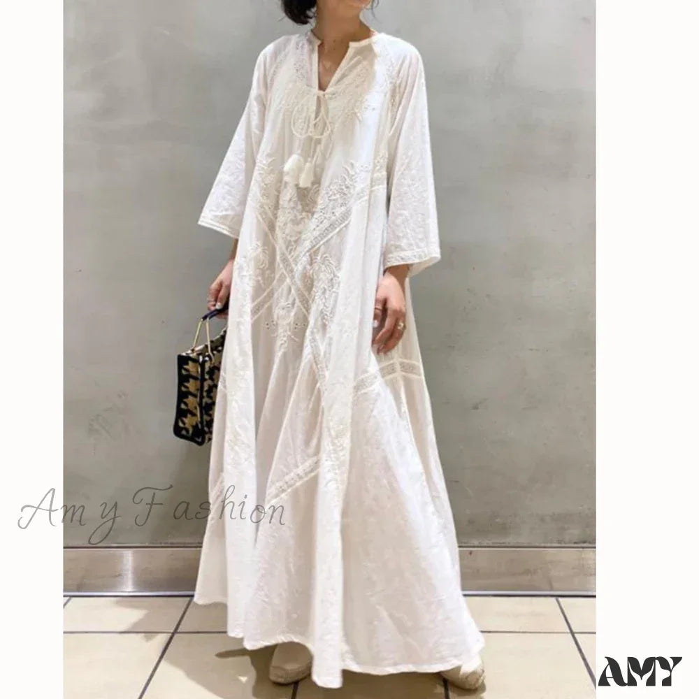 Amy Fashion - Cotton Linen Beach White V Neck Embroidered Boho Dress / One Size