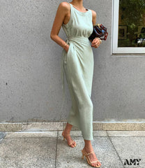 Amy Fashion - Cotton Linen Lace Up Sashes Sleeveless Beach Dresses