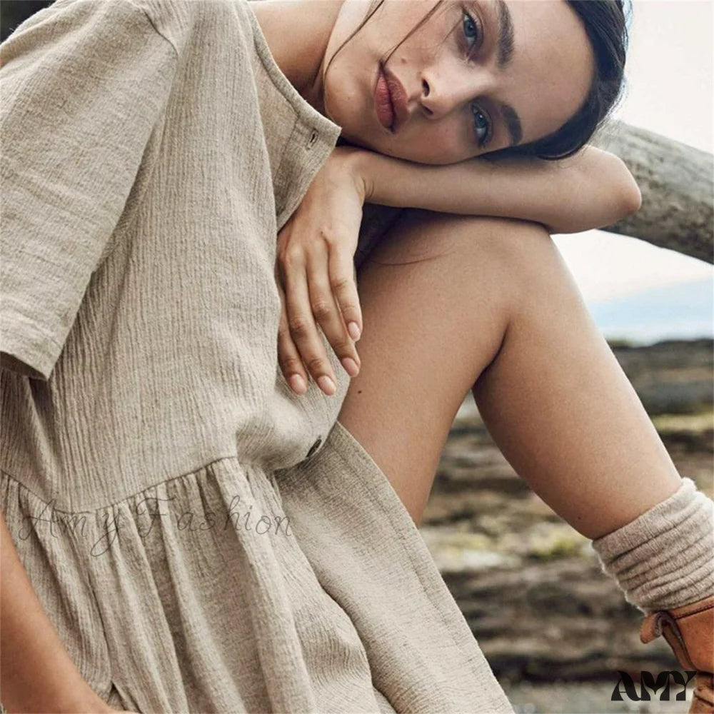 Amy Fashion - Cotton Linen Short Sleeve Button O-Neck Party Dresses