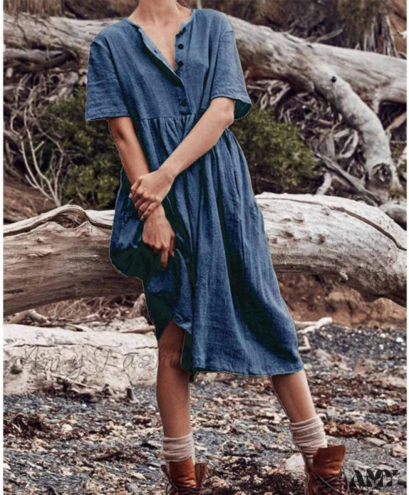 Amy Fashion - Cotton Linen Short Sleeve Button O-Neck Party Dresses