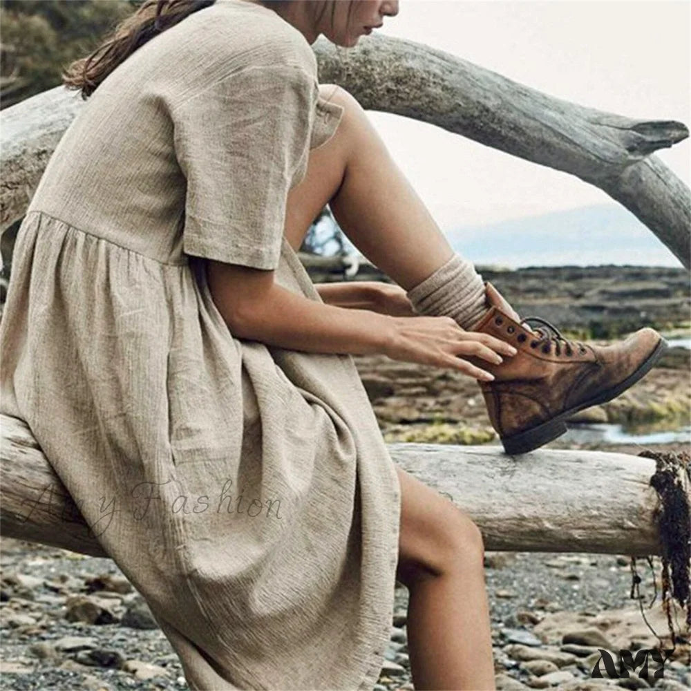 Amy Fashion - Cotton Linen Short Sleeve Button O-Neck Party Dresses