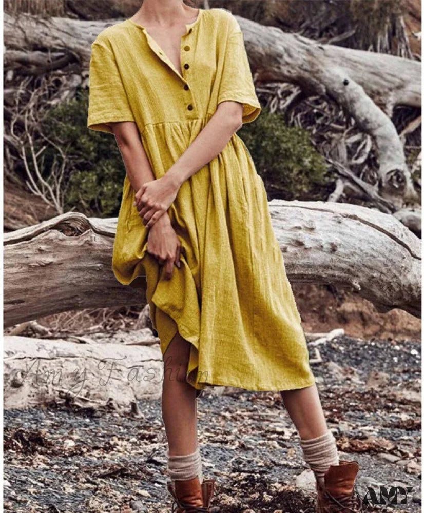 Amy Fashion - Cotton Linen Short Sleeve Button O-Neck Party Dresses