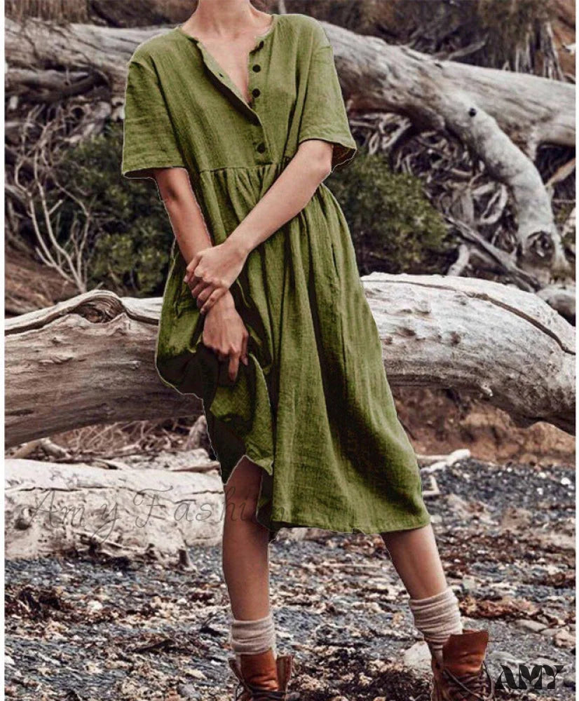 Amy Fashion - Cotton Linen Short Sleeve Button O-Neck Party Dresses