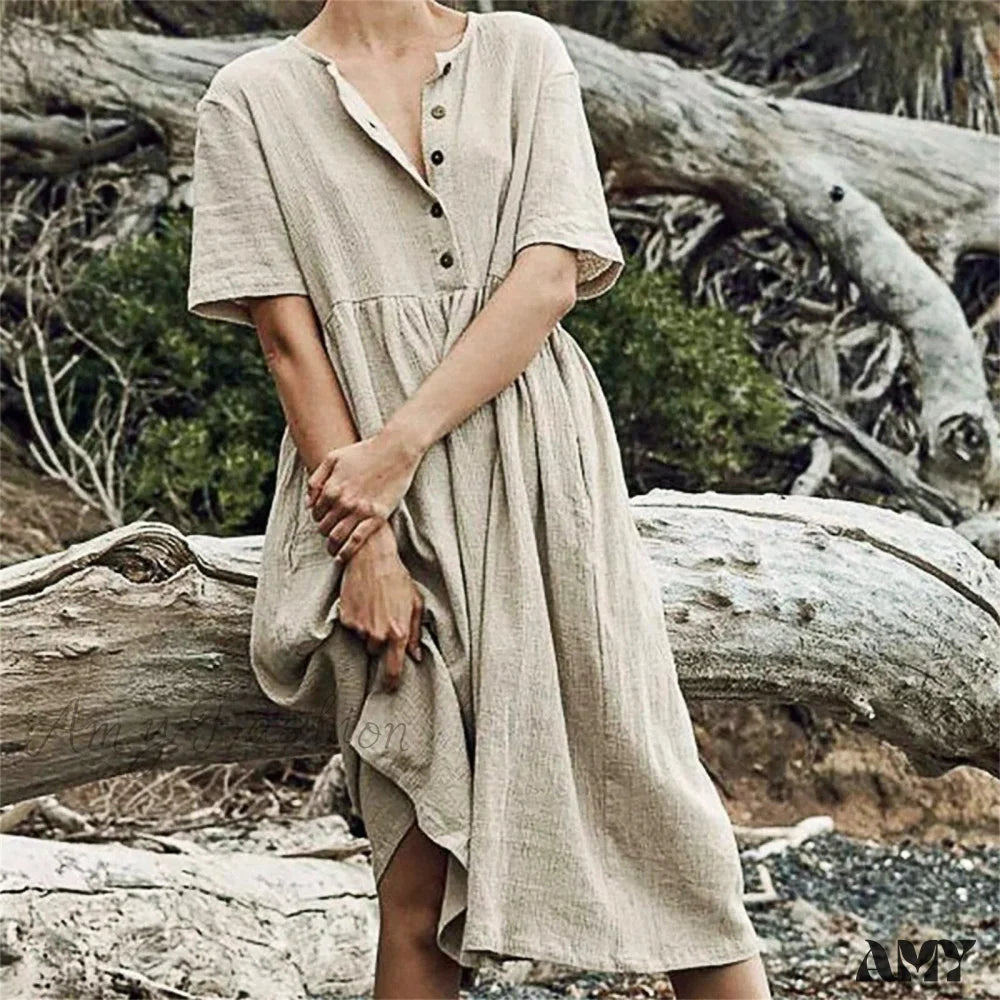 Amy Fashion - Cotton Linen Short Sleeve Button O-Neck Party Dresses
