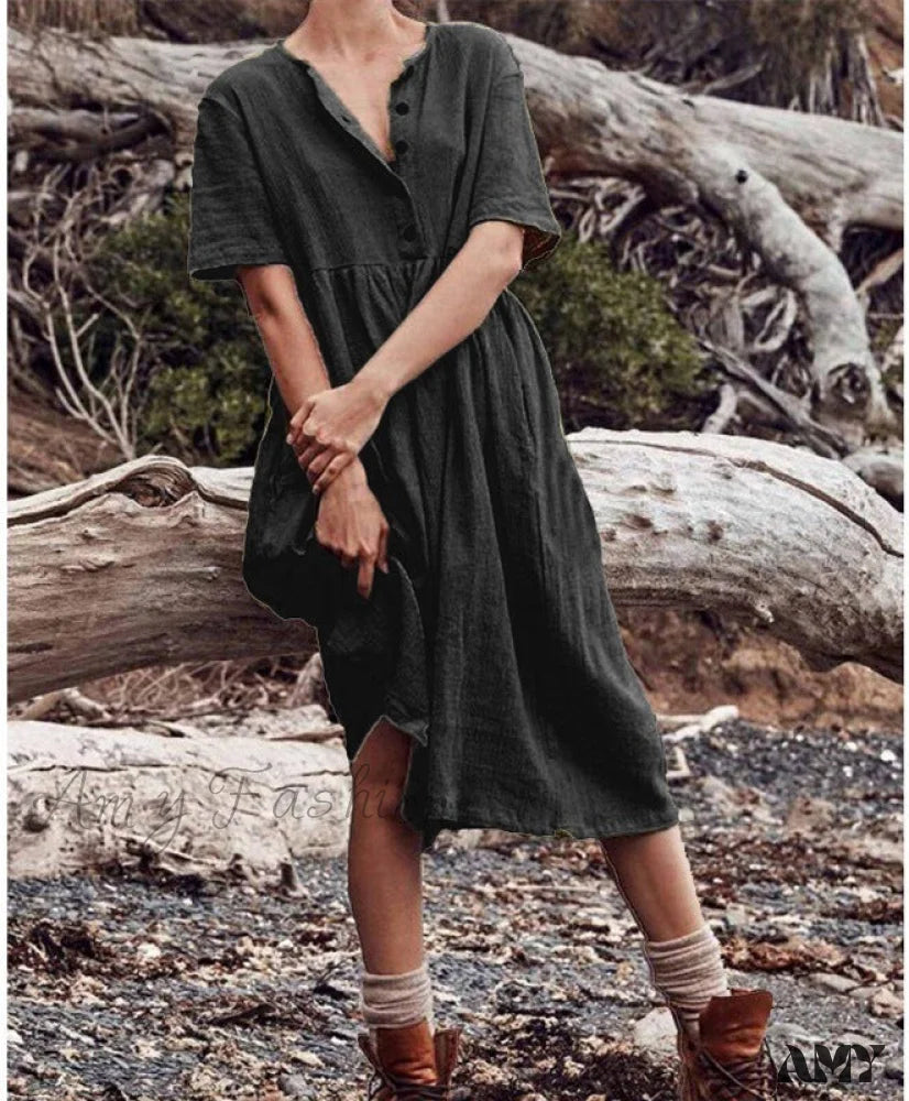 Amy Fashion - Cotton Linen Short Sleeve Button O-Neck Party Dresses