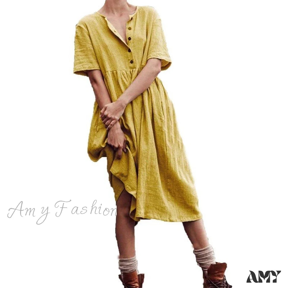 Amy Fashion - Cotton Linen Short Sleeve Button O-Neck Party Dresses