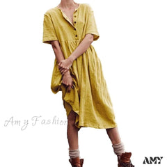 Amy Fashion - Cotton Linen Short Sleeve Button O-Neck Party Dresses
