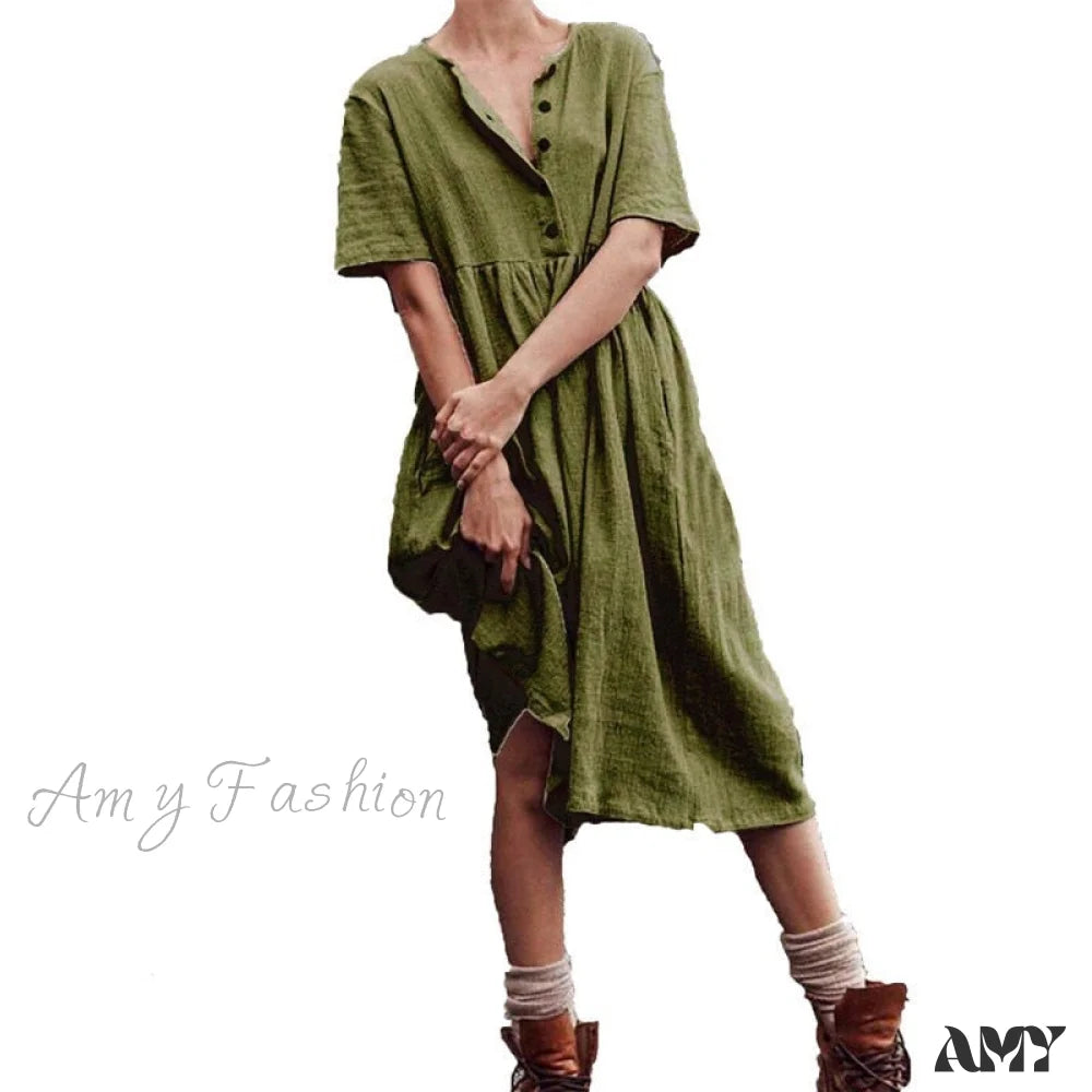 Amy Fashion - Cotton Linen Short Sleeve Button O-Neck Party Dresses Army Green / S