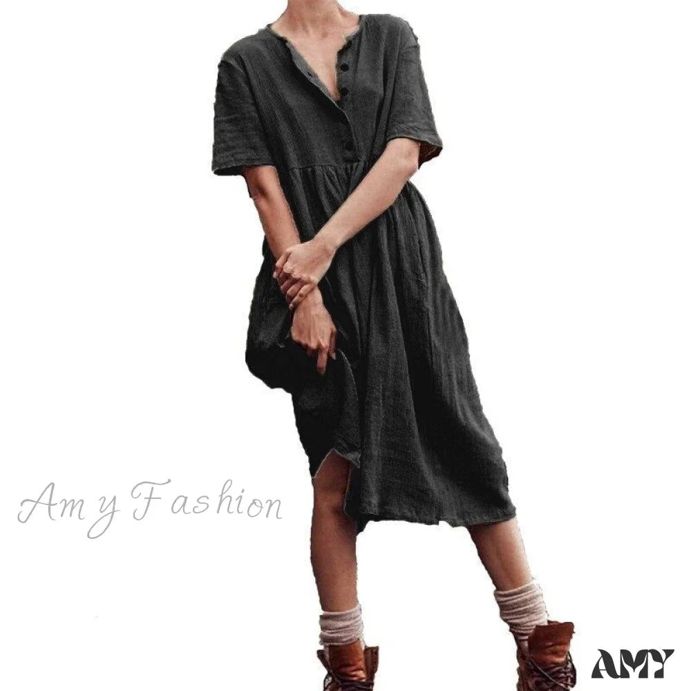 Amy Fashion - Cotton Linen Short Sleeve Button O-Neck Party Dresses Black / S