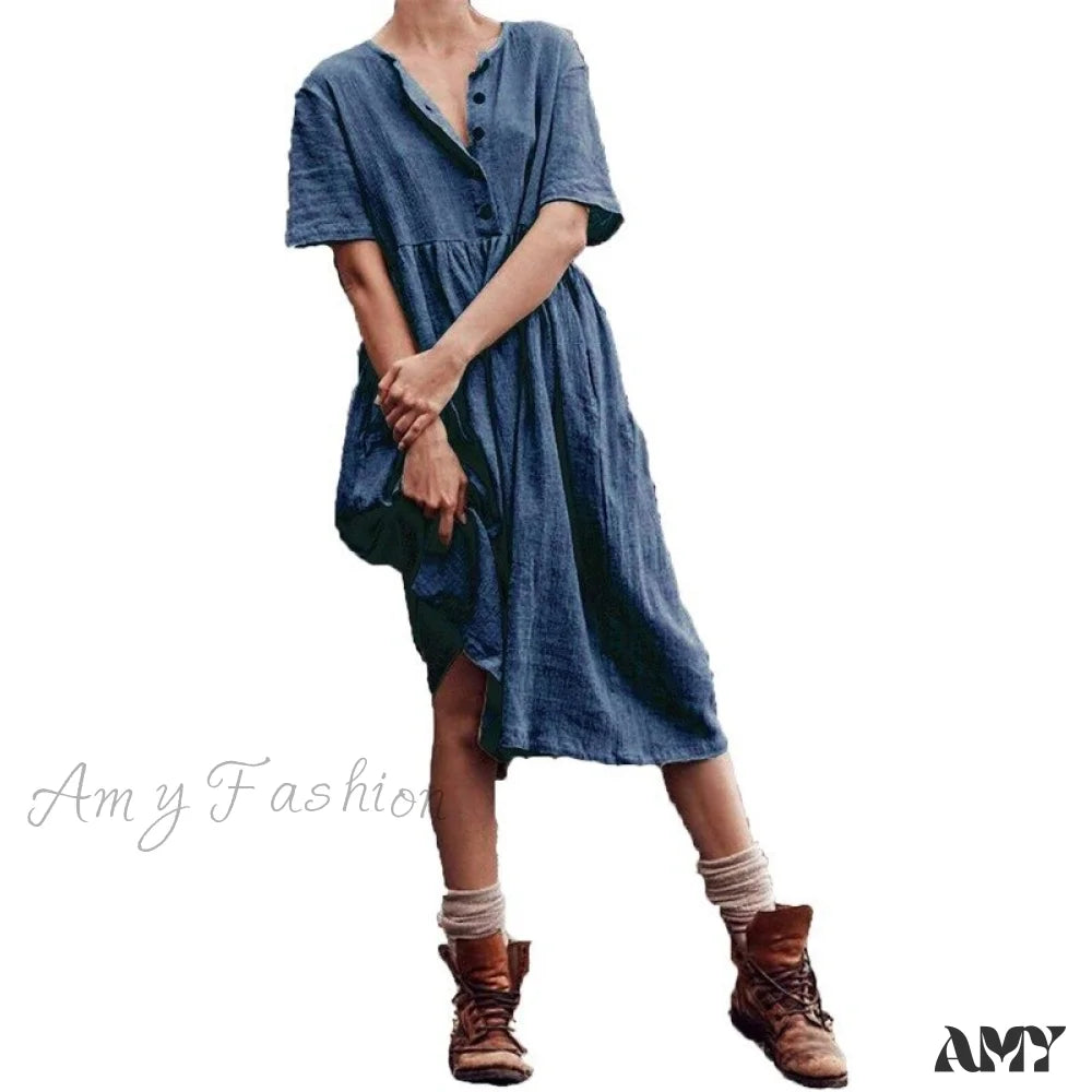 Amy Fashion - Cotton Linen Short Sleeve Button O-Neck Party Dresses Dark Blue / S