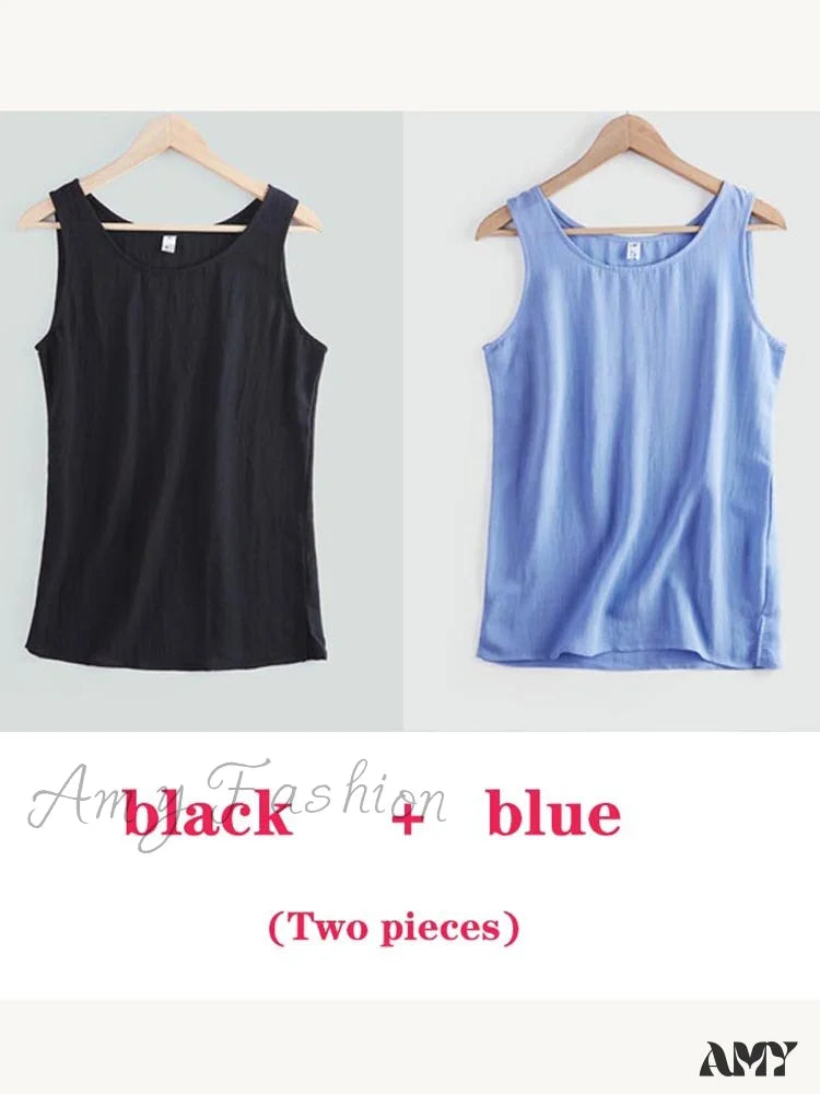 Amy Fashion - Cotton Linen Sleeveless Tops Black And Blue / S