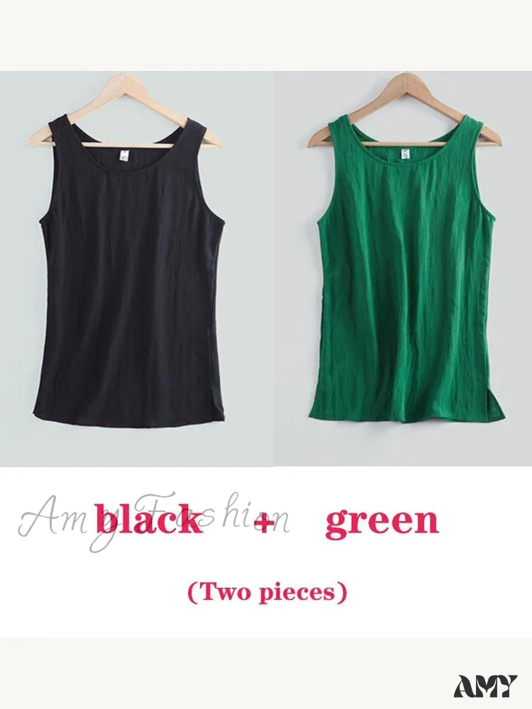 Amy Fashion - Cotton Linen Sleeveless Tops Black And Green / S