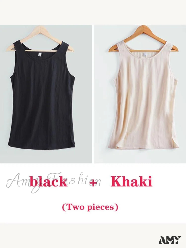 Amy Fashion - Cotton Linen Sleeveless Tops Black And Khaki / S