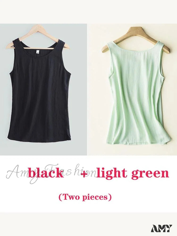 Amy Fashion - Cotton Linen Sleeveless Tops Black And Lightgreen / S