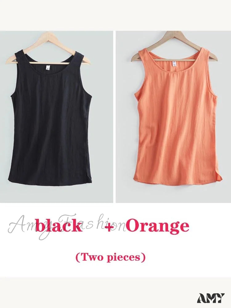 Amy Fashion - Cotton Linen Sleeveless Tops Black And Orange / S