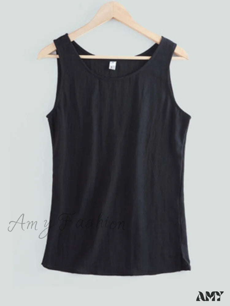 Amy Fashion - Cotton Linen Sleeveless Tops Black / S